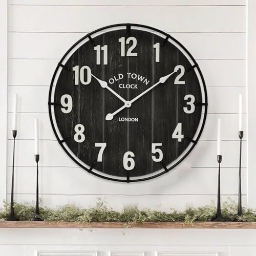 EMAX HOME Large Old Town Farmhouse Black Wall Clock 24 Inch Rustic Antique Wood with Metal Circle and Large Numerals Silent Battery Operated Wall Clock for Office Kitchen Bedroom Living Room