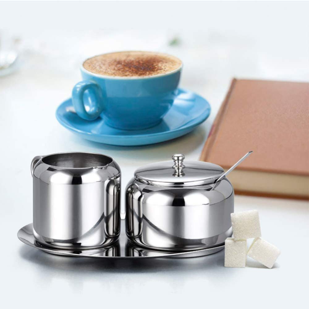 Azucarero de acero inoxidable con juego de leche y azúcar, tarro de azúcar pequeño con cuchara para el hogar, la cocina, el hotel y las cafeterías, 3 partes, plateado