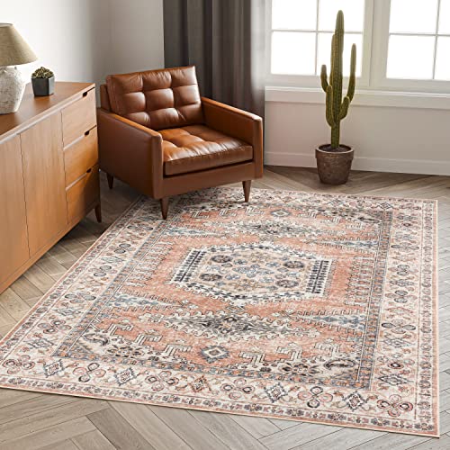 Valenrug Washable Area Rug 6X9 - Ultra-Thin Antique Collection, Stain Resistant Rugs For Living Room Bedroom, Distressed Persian Boho Rug(Peach/Yellowish, 6'X9') #TOP5