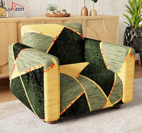 Image of Lukzer 1 Seater Sofa Cover - Dark Green Prism | 360 Fully Covered Anti-Slip Washable Couch Cover Protecter | 140 GSM Stretch Fit Polyester + Spandex Slipcover (90-140cm /SC-035-01)