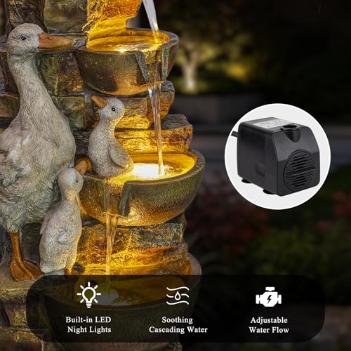 Image of Duck Family Outdoor Water Fountain, Resin with LED, 31.5 in
