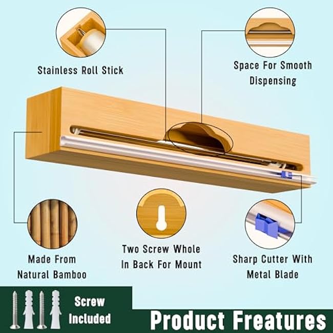 15¡± Bamboo Plastic Wrap Dispenser with Cutter ¨C Aluminum Foil Dispenser with Cutter for Kitchen ¨C Kitchen Wrap Dispenser for Plastic Wrap, Parchment Paper Roll, Fits Rolls Up to 15 Inches