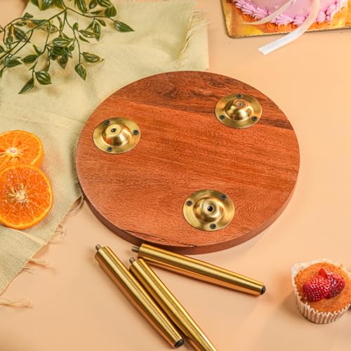 Image of RITUALISTIC Kusum Collapsible Cake Stand | 10 inch Mango Wood Walnut Finish with Detachable Iron Legs | Food-Safe Lacquered Enamel Top | Folk Floral Art | Birthday Wedding Dessert Display | Premium Gift