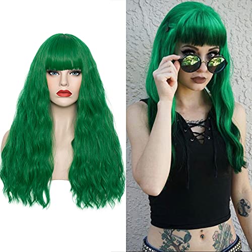 WGPFWIG Women's Dark Green Wig Long Curly Wavy Wig Flat Bangs Wig For Women Cosplay Party Halloween Wig Cap Included (22''Dark Green)