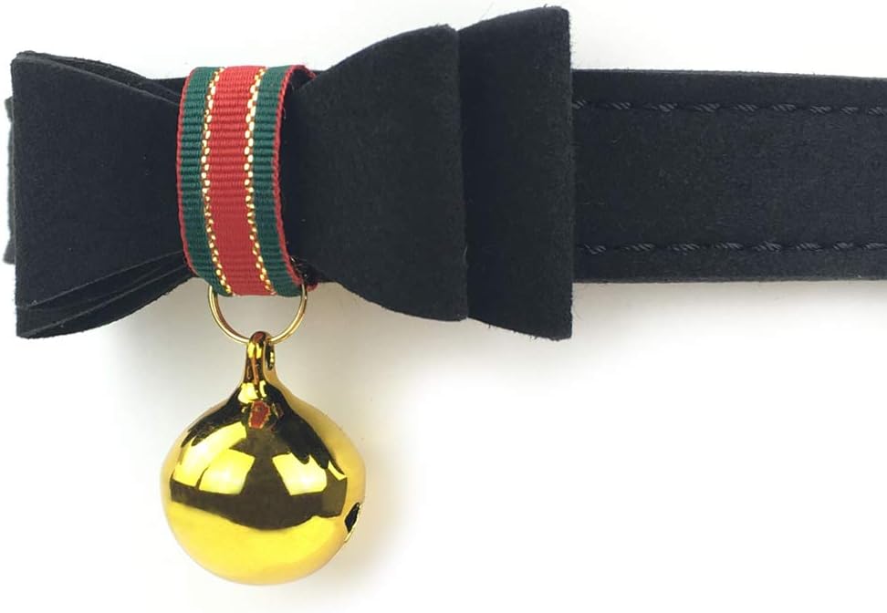 Succuba Handmade Christmas Black PU leather Gold bell bow choker collar necklace with Christmas lace (Z1)