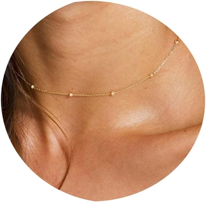 Tewiky 14K Gold Plated Dainty Beaded Wave Box Chain Choker Necklace for Women - Hypoallergenic Layered Minimalist Gold Jewelry