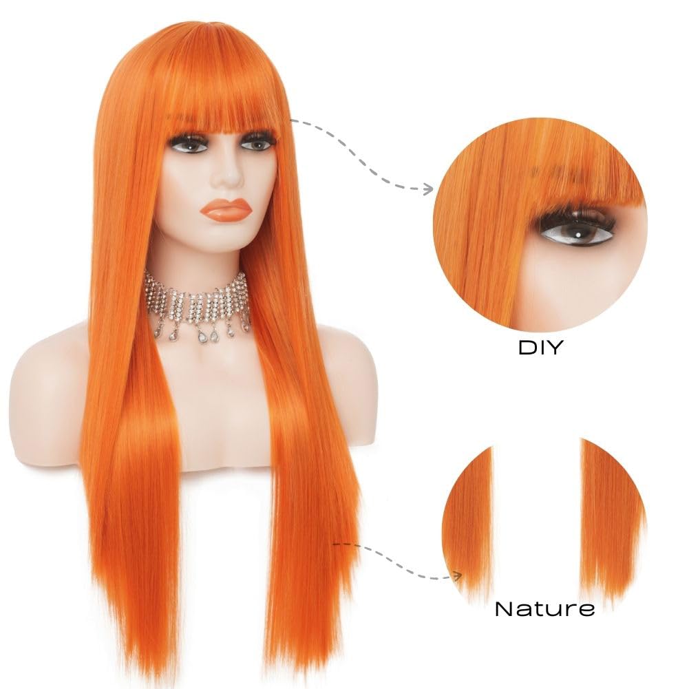 Siudus Orange Long Straight Wig with Bangs Womens Synthetic 28 Inch Natural Hair Wig for Cosplay Daily Use (Orange) - Image 4