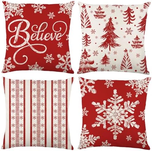 4pcs Winter Pillow Cover Decoration,18x18in Red Snowflakes Christmas Pillow Case Xmas Trees Throw Pillow Cover Cushion Case for Winter Holiday Seasonal Farmhouse Couch Sofa Home Decor