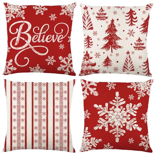 4pcs Winter Pillow Cover Decoration,18x18in Red Snowflakes Christmas Pillow Case Xmas Trees Throw Pillow Cover Cushion Case for Winter Holiday Seasonal Farmhouse Couch Sofa Home Decor