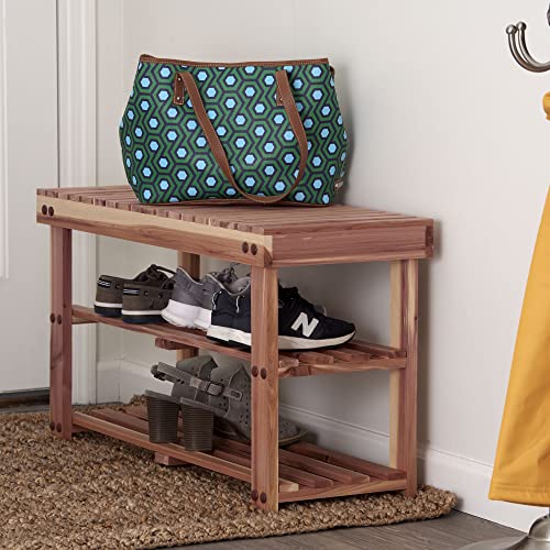 Household Essentials Cedarfresh 2-Tier Cedar Shoe Rack And Seat Bench, 31.5"W X 17.5"H X 12.4"D, Red,Natural #TOP1