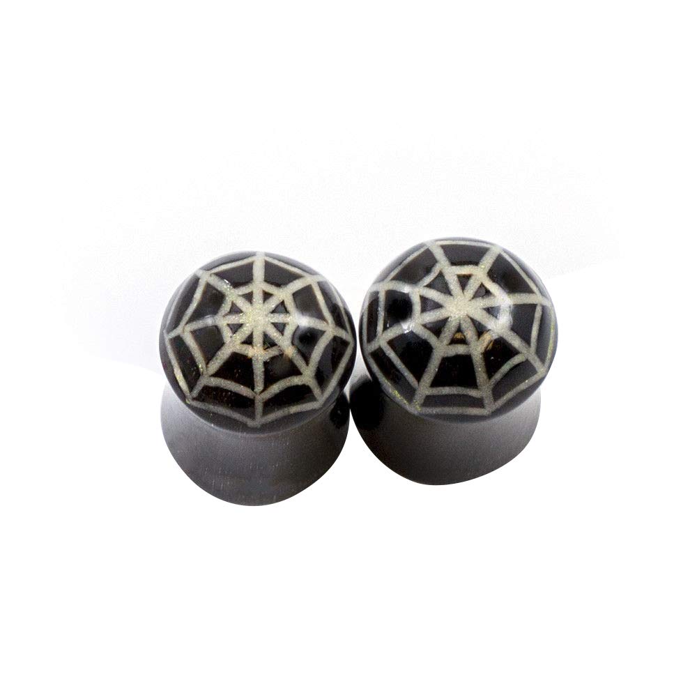 BodyJewelryOnline Unisex Organic Horn Ear Plugs, Tunnel Earrings, Piercing Stretchers, Hypoallergenic Supplies, 00G, Black, Spider Web Design
