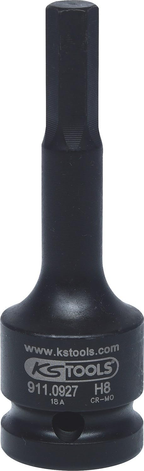 KS Tools Hex Socket 1/2" Drive Impact Bit Long Tip Chrome Molybdenum Steel Metric Allen Socket (8mm)