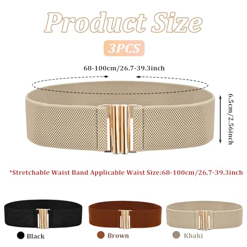 3 PCS Wide Stretchy Belt for Women Vintage Elastic Belts for Dresses Stretch Waist Belt with Golden Buckle Black Khaki Brown2