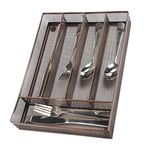 titivate Kitchen Cutlery Tray with 5 Compartments Storage, Utensil Drawer Organizer Mesh Flatware Silverware Holder for Forks/Knives/Spoons (Brown)