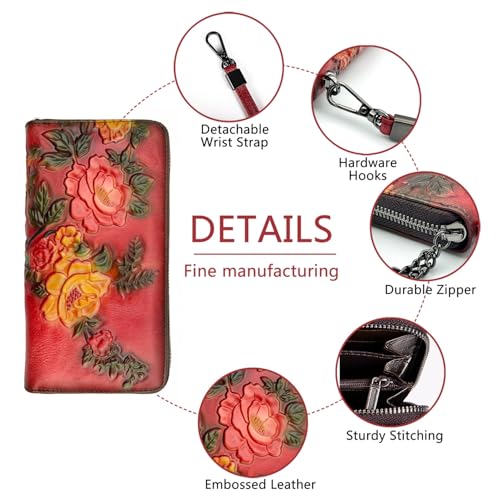 Image of Wallet Genuine Leather for Women - with RFID Blocking Card checkbook ID Slot Large Capacity Vintage style (rose red)