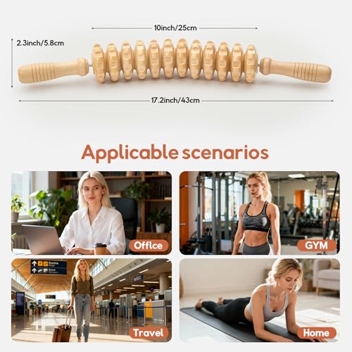 KAMILEO Manual Wooden Massage Stick for Legs Cellulite Remover, Massage Tool, Fascia Blaster - Reduces Cellulite on Legs and Other Body Parts (12 Wheel/White)