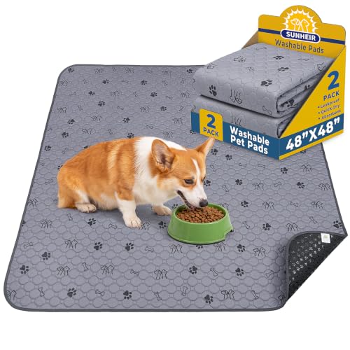 Image of Sunheir Washable Pee Pads for Dogs, 2 Pack 48 inch x 48 inch Waterproof Puppy Pads | Thick, Reusable, Absorbent, Leakproof and Non-Slip Puppy Training Pads for Whelping, Bed, Playpen, for Puppies, Dogs and Cats