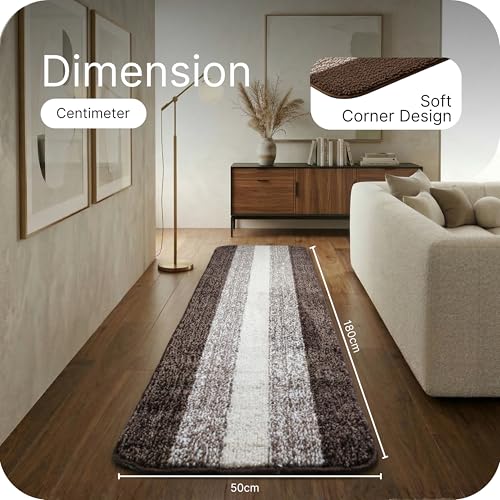 Image of SARAL HOME EASY LIVING Microfiber Striped Rectangle Anti-Skid Runner|Soft & Super Absorbent, Washable Multipurpose Bedside Runner for Home /Kitchen /Lobby /Office Entrance, 50X180 CM|Pack of 1 (Brown)