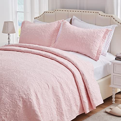Sunstyle Home Full/Queen Size Quilt - Lightweight Summer Light Pink Quilt Set Full/Queen - Down-Alternative Quilt - Soft Bedspread Coverlet Bedding Set For All Season 3 Pieces(1 Quilt, 2 Pillow Shams) #TOP1