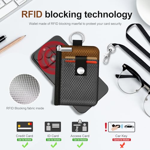Image of Minimalist RFID Blocking Small Wallet with ID Window,WaterResistant Zip Id Case Wallet with Lanyard Keychain for Cards,Cash,Travel,Women,Men(Drak Grey /Brown)