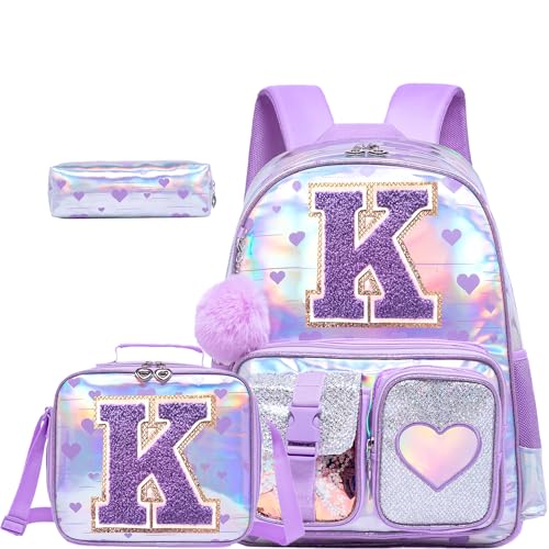HTgroce Mochila para meninas do ensino fundamental para escola, conjunto de mochila para meninas, personalizado, letra K, bolsa de livros pré-escolar com lancheira estojo de lápis