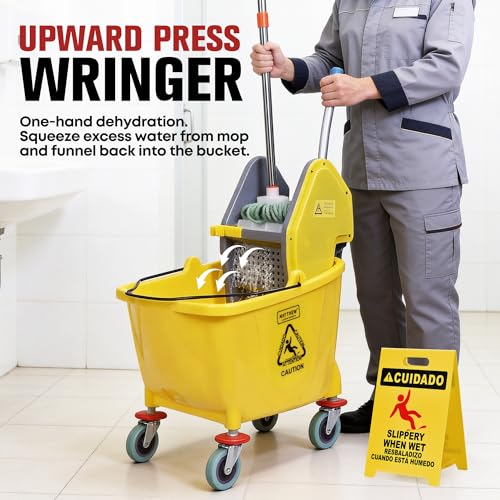 Image of MATTHEW CLEANING 34Quarts Commercial Mop Bucket INCL.Wet String Mop with Down Press Wringer On Wheels,Industrial Heavy-Duty Floor Cleaning w /Handle, Mop Bucket for Home,Offices,Commercial, Restaurants