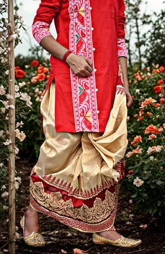 Image of Men's Ready to Wear Pant System Printed MAYUR PUCHHA Dhoti for Marriage, Pooja, Festival etc.(GC010)