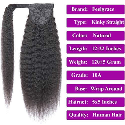 Feelgrace Kinky Straight Human Hair Ponytail Extensions Natural Black Color Brazilian Real Human Hair Clip In Drawstring Yaki Kinky Straight Ponytail Hairpiece Afro Ponytail Hair Natural Black Color 14 Inch thumb #4