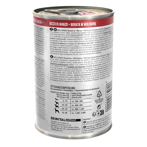 BELCANDO Baseline Nassfutter für Hunde, Rind, 6X 400g Dose, 70% Fleisch für ausgewachsene Hunde, Hundefutter nass ohne Getreide, Made in Germany