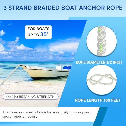 image for VEITHI Boat Anchor Rope 100 ft x 1/2 inch White/Green, 3 Strand Anchor