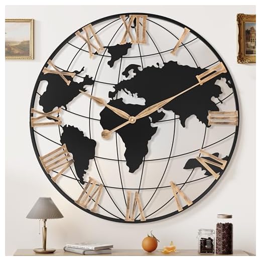 30 Inch Extra Giant Large Wall Clock Oversized,Black Big Metal Modern Decorative Silent World Map Wall Clock with Vintage Gold Roman Numeral for Office,Living Room,Kitchen,Dining Room Decor