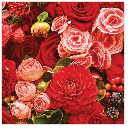 Malagro 20 servilletas de papel con diseño de flores en rojo para decorar la mesa, servilletas de papel con diseño. También para decoupage y decoupage y decoupage (33 x 33 cm)