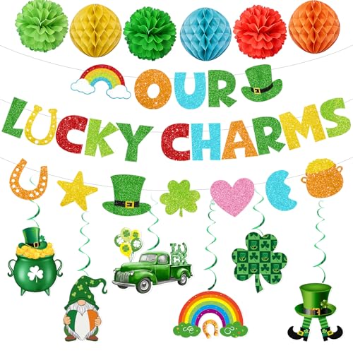 Lucky Charms Decorations: St. Patricks Day Decorations Our Lucky Charms Banner Garland Hanging Swirls Pom Poms St Patricks Day Classroom Decor for Shamrock Pot of Gold Clover Rainbow Irish Party Supplies