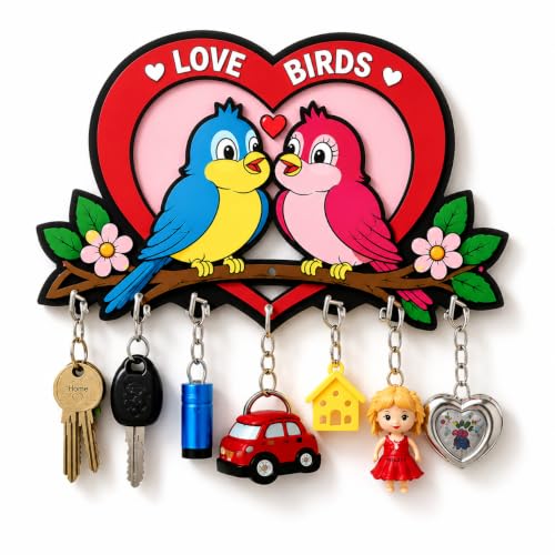 Image of Love Birds Wooden Key Holder for Wall | 7 Hooks Decorative Key Hanger for Home Entrance | Romantic Couple Bird Wall Decor | Key Stand Organizer | Housewarming, Gift