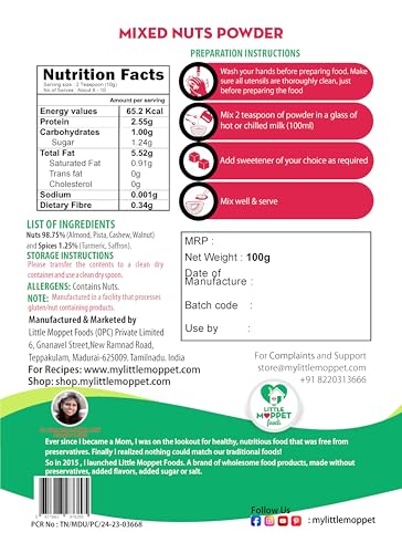 Image of Little Moppet Foods Mixed Nuts Powder-100g|No Additives,Preservatives,Added Salt & Sugar|Made with Almonds,Cashew,Pistachios & Walnut|Hand Roasted in Small Batches|Helps in Healthy Weight Gain
