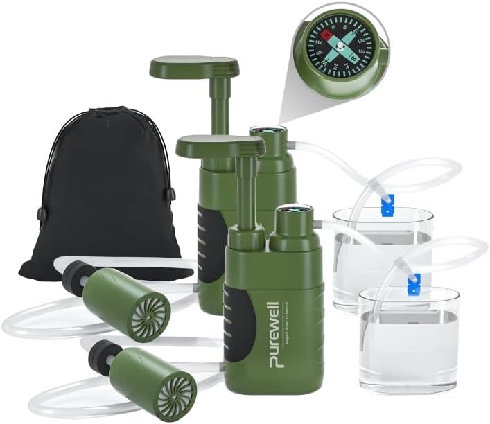 Purewell Water Filter Pump for Camping - Portable Water Purifier with 0.01 Micron Filter, Removes Bacteria - Emergency Survival Water Filtration System for Hiking, Travel & Outdoor Adventures