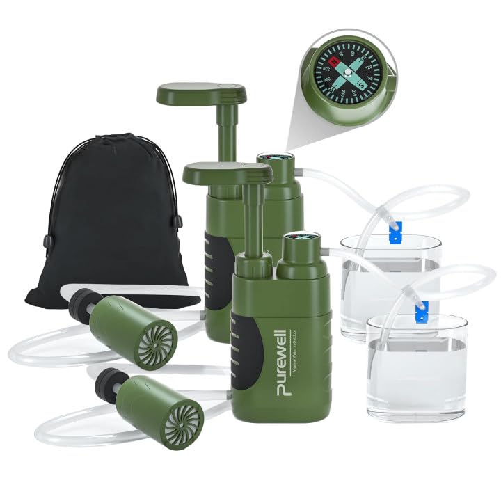 Purewell Wasserfilter Outdoor Survival Tragbar mit Pumpe für Camping Wandern Trekking 0.01 Mikron Filter Notfall Trinkwasseraufbereitung Prepper Ausrüstung Reise Wasserfiltrationssystem