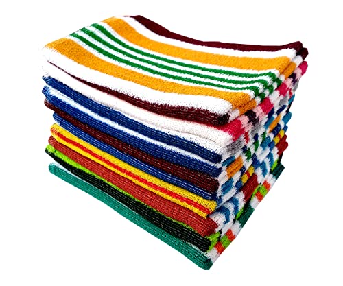 Image of Space Fly Knitted Striped Big Size Pure Cotton Hand Towels Soft and High Absrobent Uses in Wash Basin and Bathroom (Set of 5) (Size:16 X 24 inch Multi Color)