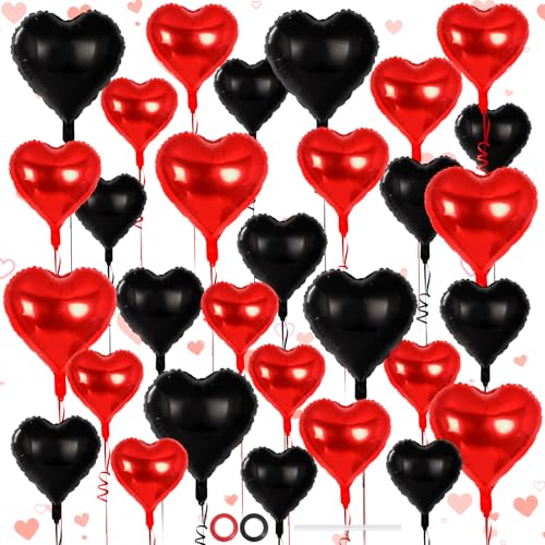 Image of 30 Pcs Red and Black Heart Balloons, 3 Sizes Heart Foil Balloon, Valentine Day Party Decorations, Love Balloon Valentine Balloons for Birthday Party Wedding Baby Shower