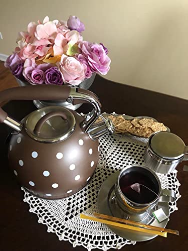 Eco- Friendly Tea Kettle For Stove Top 3.17 Quart Mocha Brown Polka Dot Food Grade Stainless Steel Teapot, Anti-Hot Handle, Anti-Rust, Tea Kettle Stovetop Whistling Teapot, Loud Whistle, Large 3L #TOP3