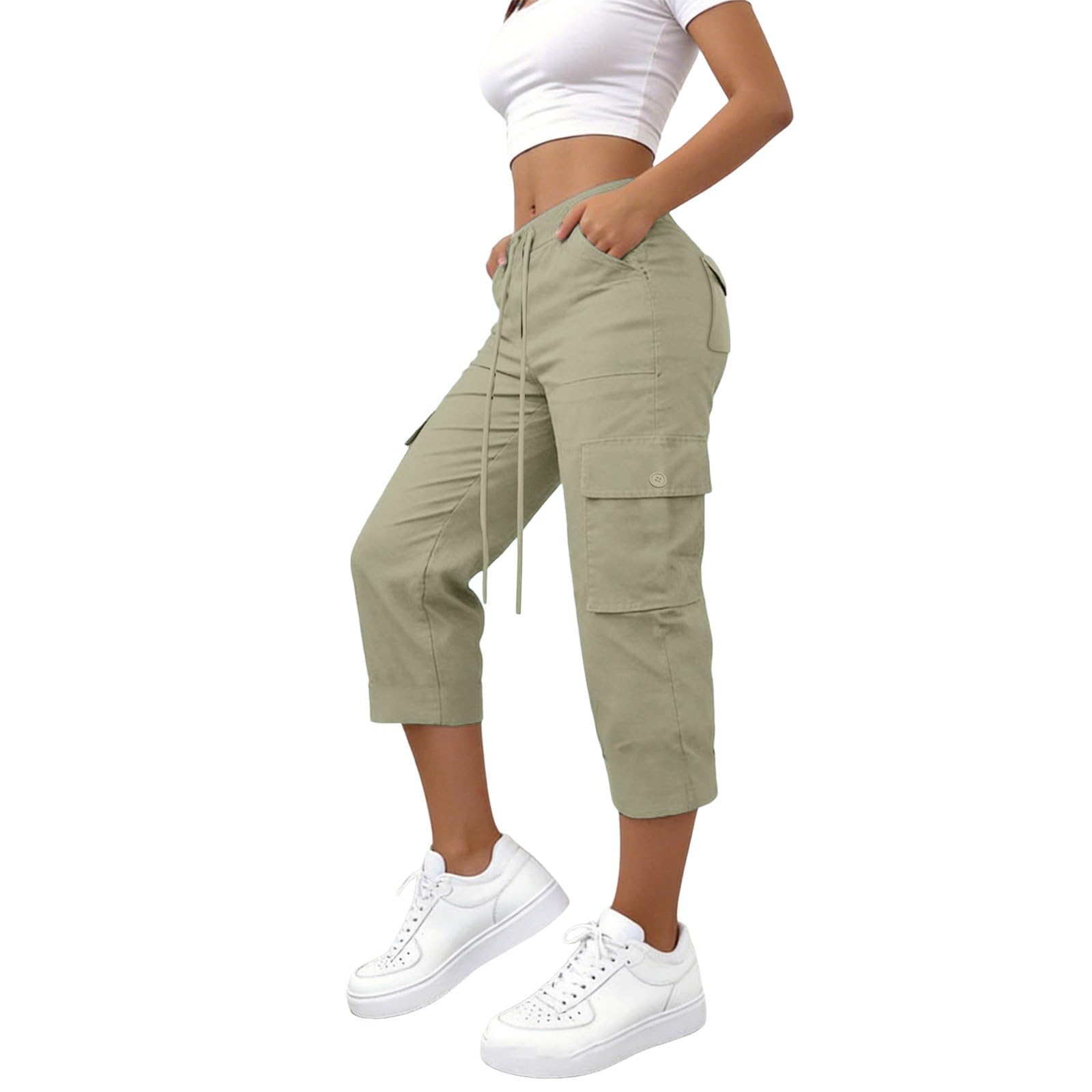 Generisch Pantaloni capri da donna a 3/4, sportivi, casual, alla moda, leggeri e traspiranti, per il tempo libero, traspiranti, con tasche laterali, per tutti i giorni