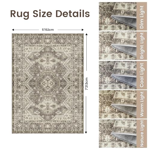 Rugland 5x7 Area Rugs - Stain Resistant Washable Rug, Anti Slip Rugs for Living Room, Vintage Tribal Area Rugs(TPR07-Ivory, 5'x7')