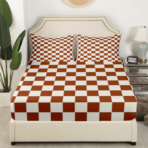 Image of Erosebridal Plaid Bed Sheets Full Beige Caramel Brown Checkerboard Bedding Geometric Checkered Sheet Set for Kids Boys Girls, Aesthetic Grid 1 Fitted Sheet 1 Flat Sheet 2 Pillow Cases