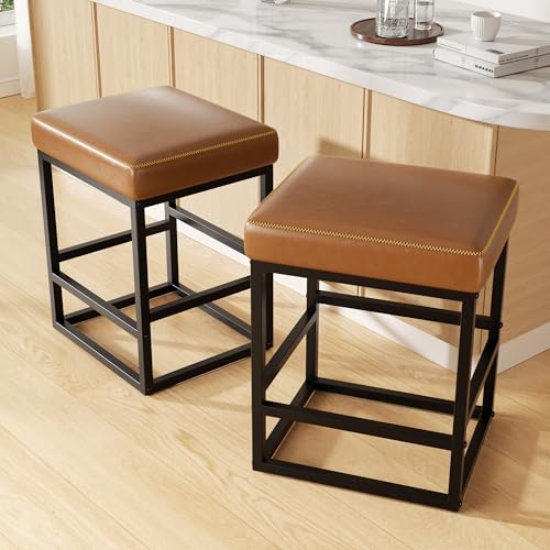 Image of Bar Stools Set of 2, 24in Counter Height Barstools, Faux Leather Counter Stools with Thick Square Seats & Sturdy Metal Base, Modern Bar Chairs for Kitchen Island (Caramel)
