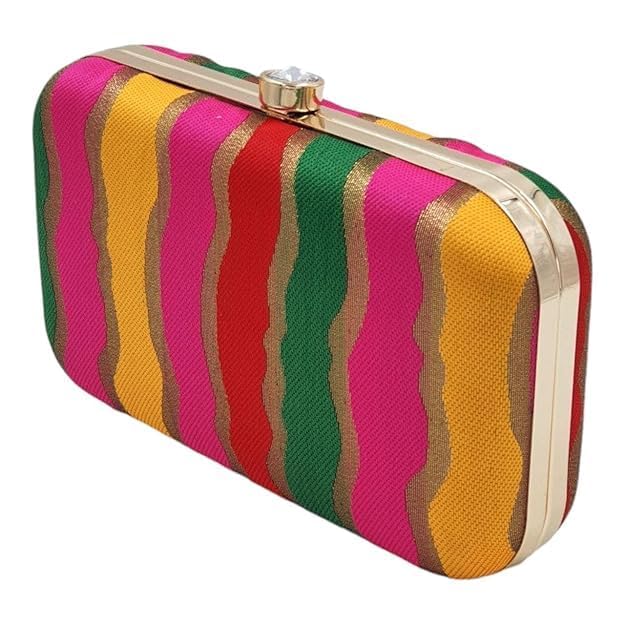 NANIAAY Printed Framed Clutch, Party Clutch, Bridal Clutch, Box Clutch with Golden Chrome Frame, Stylish Push Lock, Long Sling Chain (Multicolour)