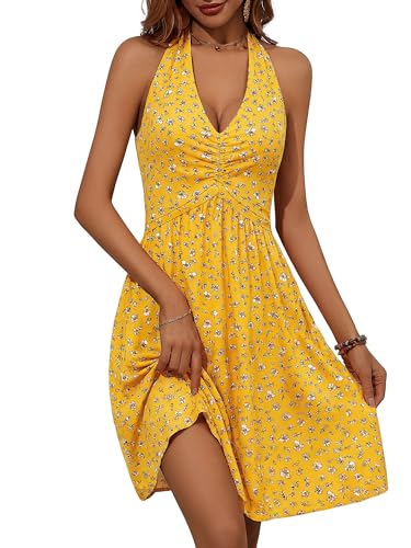 Image of ZABERRY Women Summer Sundresses Halter Neck Deep V Tie Backless Floral Ruched Vacation Beach Dresses 2025 with Pockets