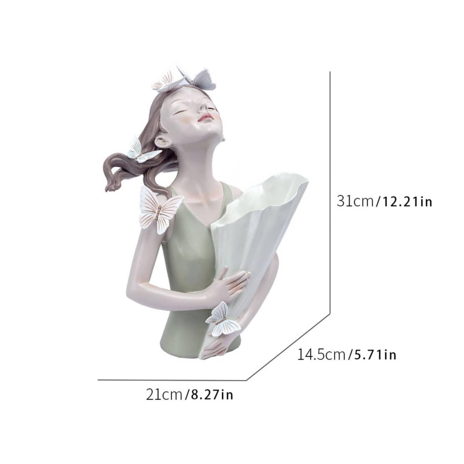 Dekorative Harzvase Mädchen Büste Blumenvase Schmetterling Figurine Handbemalt Kreative Wohndeko für Wohnzimmer Bücherregal Schreibtisch Geschenk, Grün
