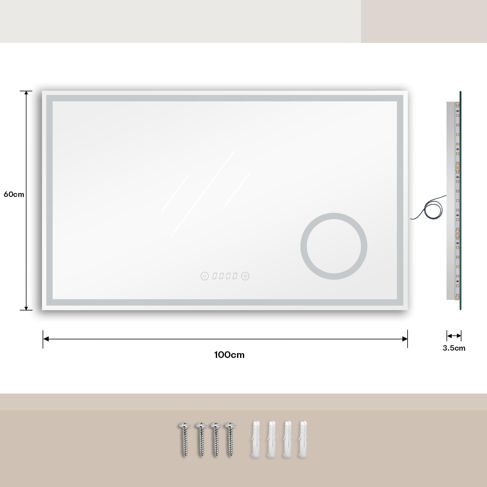 Dripex Badspiegel mit Beleuchtung Led Spiegel mit 3-Fach Schminkspiegel, Uhr und Steckdose, Dimmbar, 3 Lichtfarbe Einstellbare Badezimmerspiegel mit Beleuchtung, Beschlagfrei 60 x 100 cm