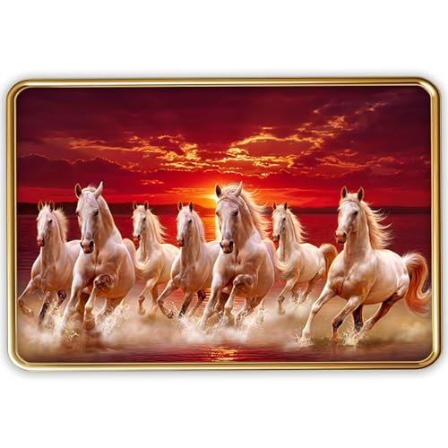 Image of Vastu 7 Seven Running Horse Photo Frame, Golden Slim Frame, Sparkle Coated Lamination, 30x45 cm (Design 18)