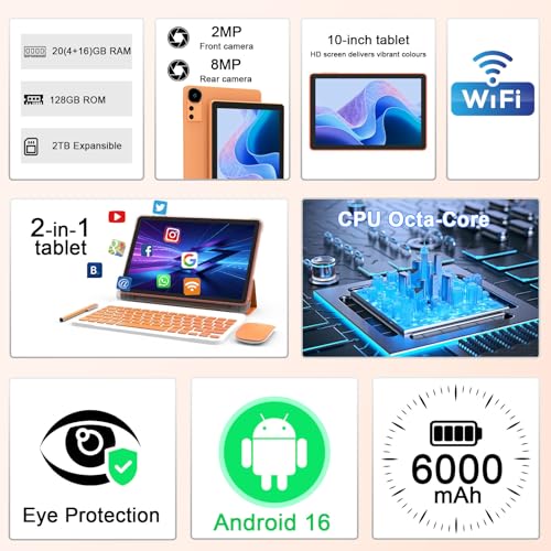Image of CUPEISI 10 inch Android 15 Tablet, 20GB RAM+128GB ROM /2TB Expandable for Tablet PC, 2 in 1 with Keyboard, 2.0GHz Quad Core HD CPU, Google 5G WiFi 6 BT 5.0 Certified